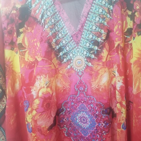 Tropical Print Women's Kaftan/ Sequin Accent Beach Cover-up One Szie - Picture 5 of 5